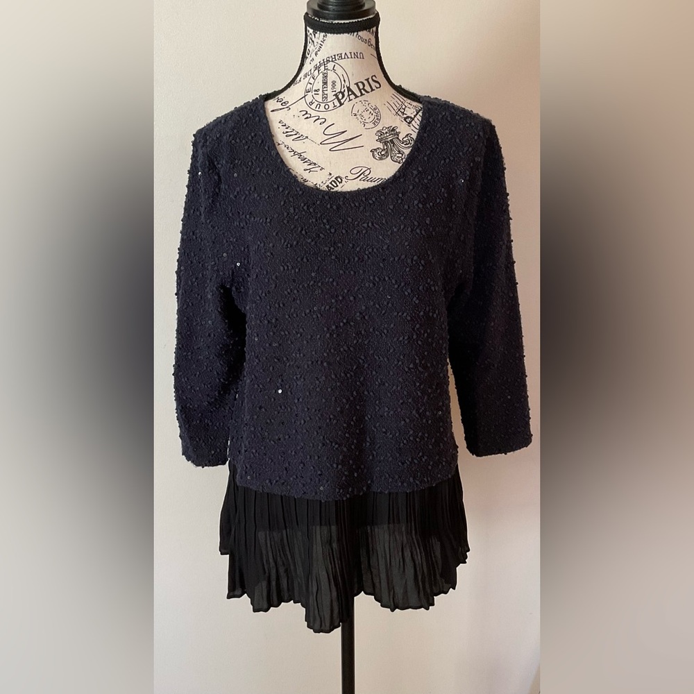 Elegant ALFANI Black Sequined Sparkly Sweater with Chiffon Trim L